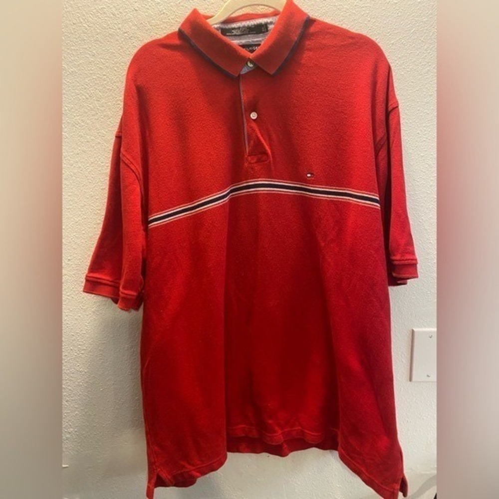 Tommy Hilfiger Polo Shirt Mens XXL Red Excellent Striped Short Sleeve Pique